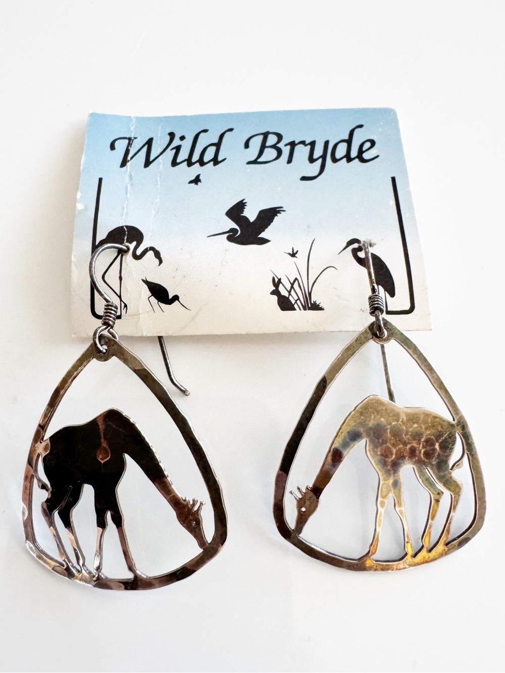 Wild Bryde Hammered Silver Tone Giraffe Dangle Earrings Triangular French Hook